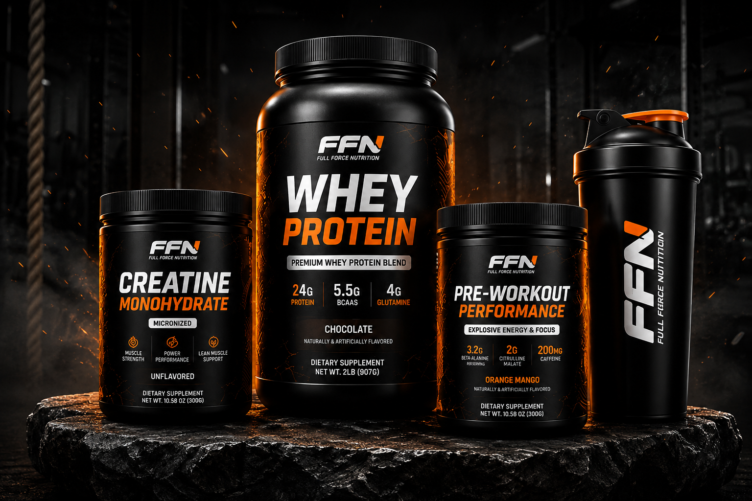 FFN Sportline Produkte in einer dunklen Trainingsumgebung mit orangefarbenem Licht